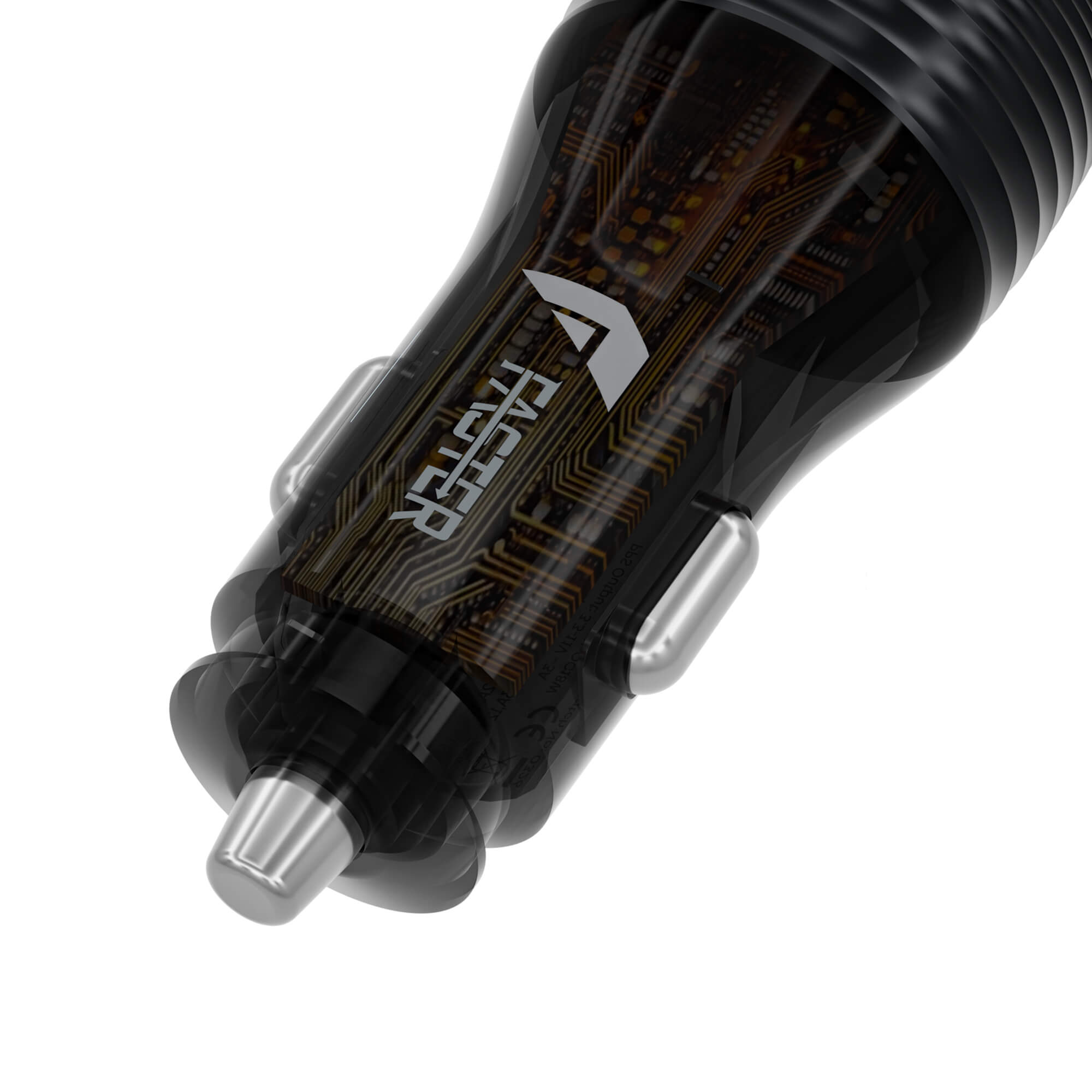 A close-up of a black car charger with a transparent body showing internal gold circuitry and a white 'FASTER' logo, on a white background.