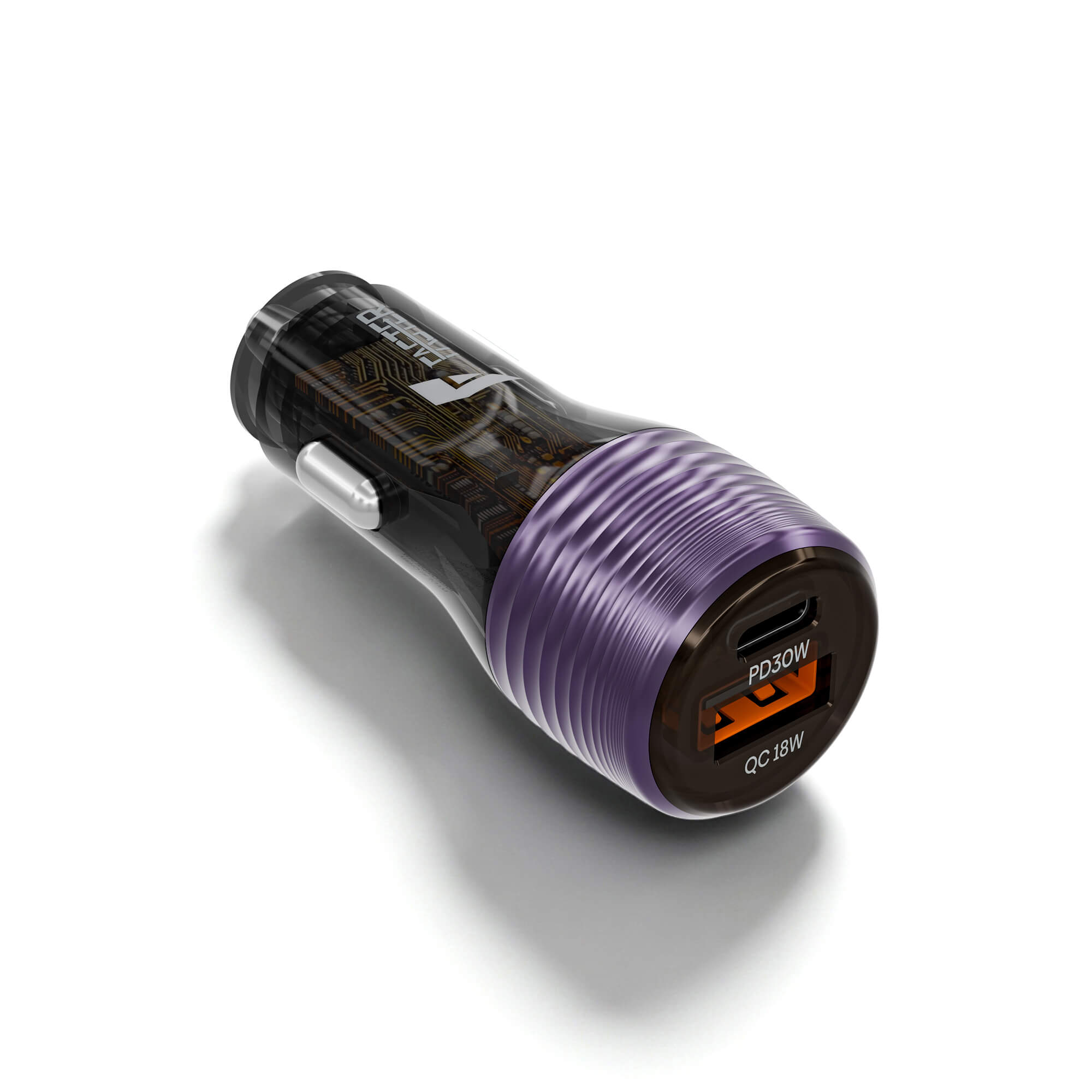 A car dual-port USB charger with a metallic purple ribbed body and a black transparent upper section, shown on a white background with a soft shadow.