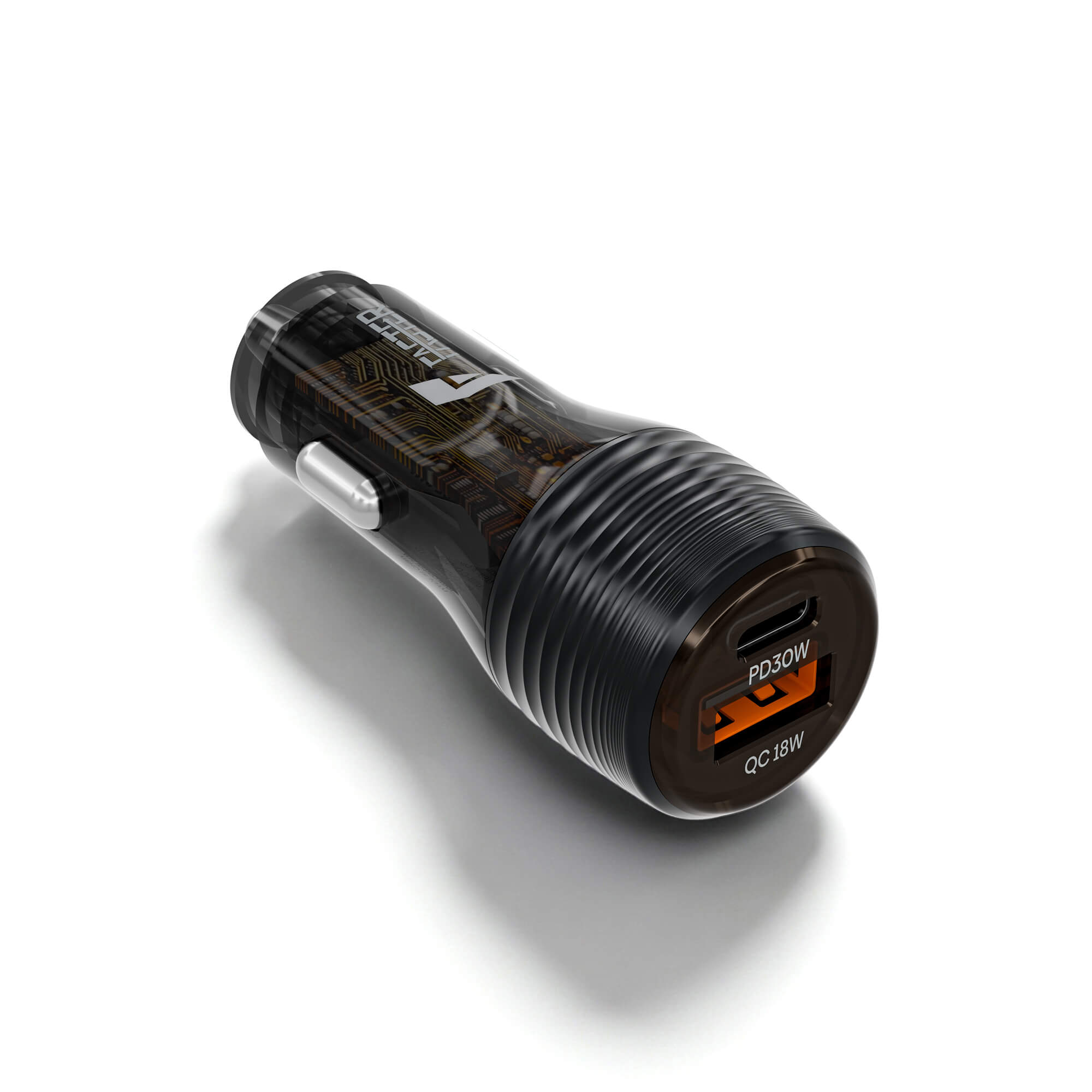 A black car USB charger with a transparent casing showing internal circuitry, featuring a ribbed black end with an orange-lit USB-C port labeled 20W and QC 3.0.