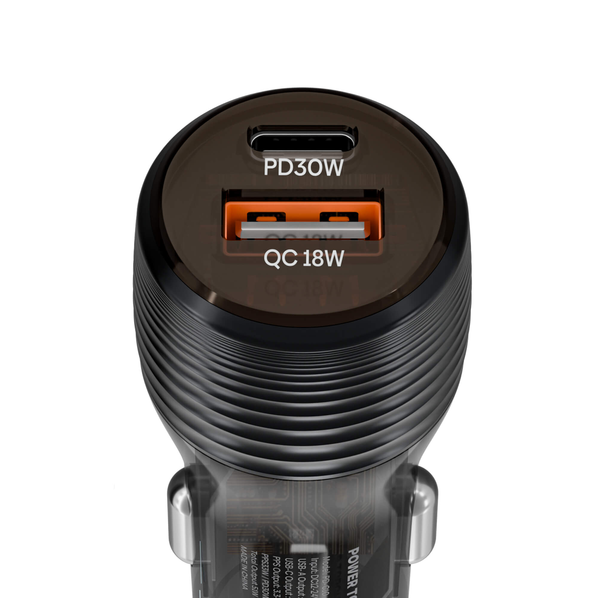 Close-up of a black car power adapter showing a dual USB-C and USB-A port with 'PD30W' and 'QC18W' text labels on a white background.