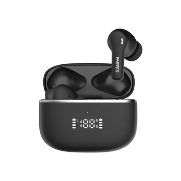 A pair of black earbuds with a charging case displaying the battery percentage.