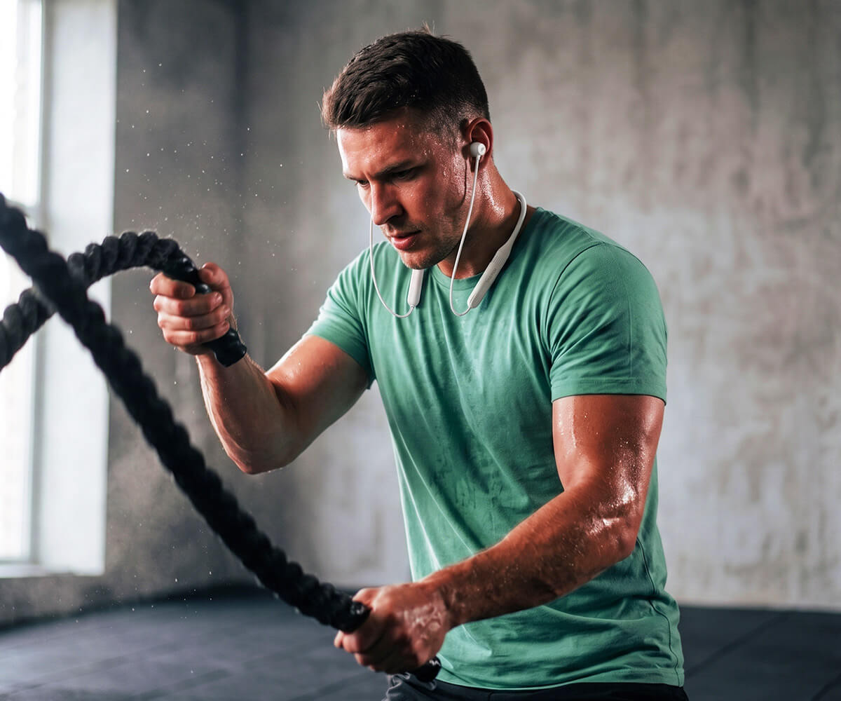A man in a green athletic t-shirt and white earplugs is intensely working with battle ropes in a gym setting wearing Faster neckband