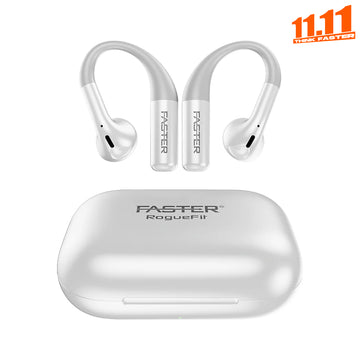 White wireless earbuds with charging case on a white background, featuring the 'FASTER' brand.