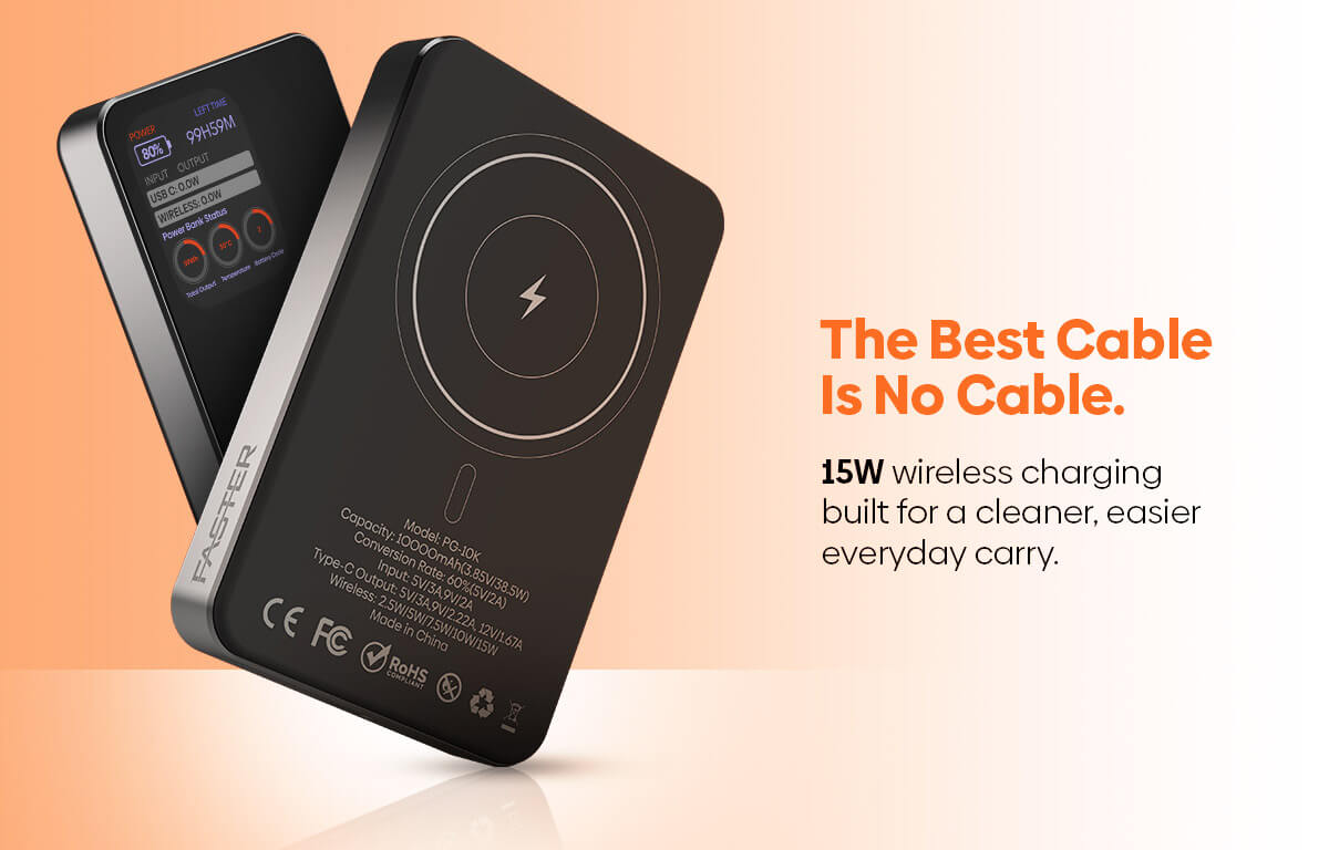 A black rectangular wireless power bank shown at an angle with its back and side views visible. The back features a circular charging symbol and small text, while the side shows the brand name FASTER.