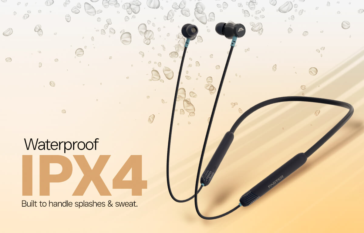 Black wireless neckband earphones with in-ear tips, shown on a warm beige-to-yellow gradient background with water droplets and text reading 'Waterproof IPX4' and 'Built to handle splashes & sweat.'.