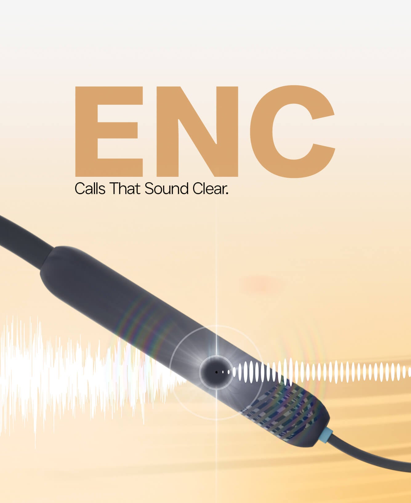 A dark gray and black ENC noise-isolating microphone cable shown against a warm beige gradient background with a white soundwave graphic and the text 'ENC Calls That Sound Clear.'.