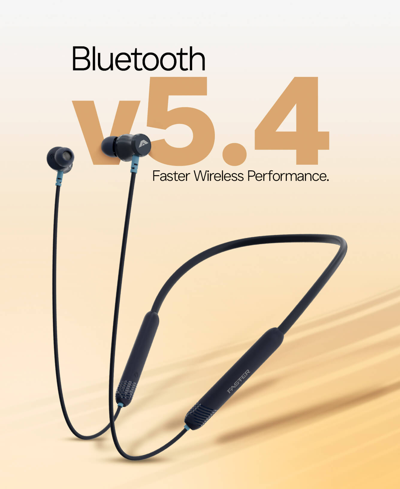 Black Bluetooth neckband earphones with in-ear tips, shown on a warm beige gradient background with large text reading 'Bluetooth v5.4 Faster Wireless Performance.