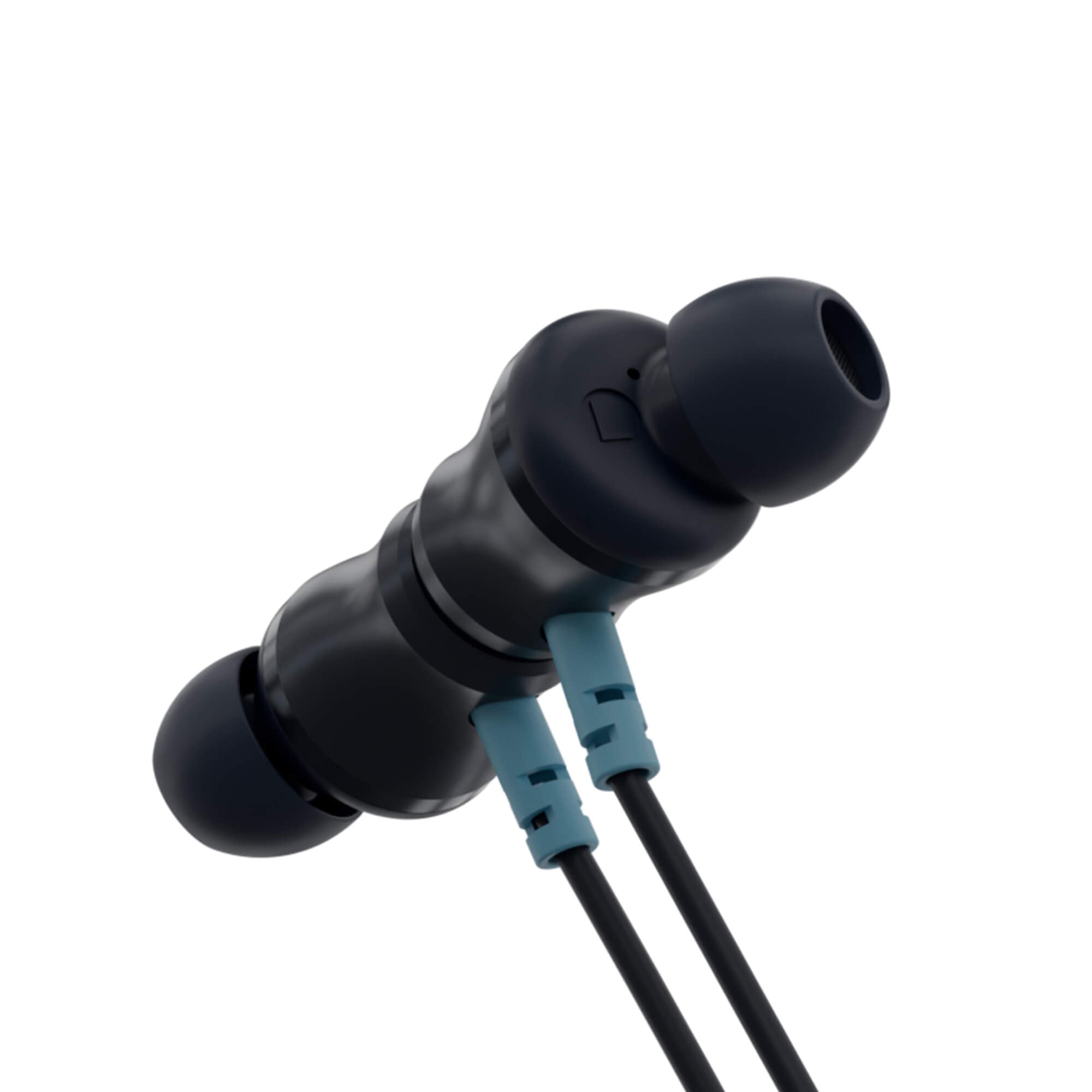 Black in-ear earphones with light blue cable sleeve accents, shown on a plain white background.