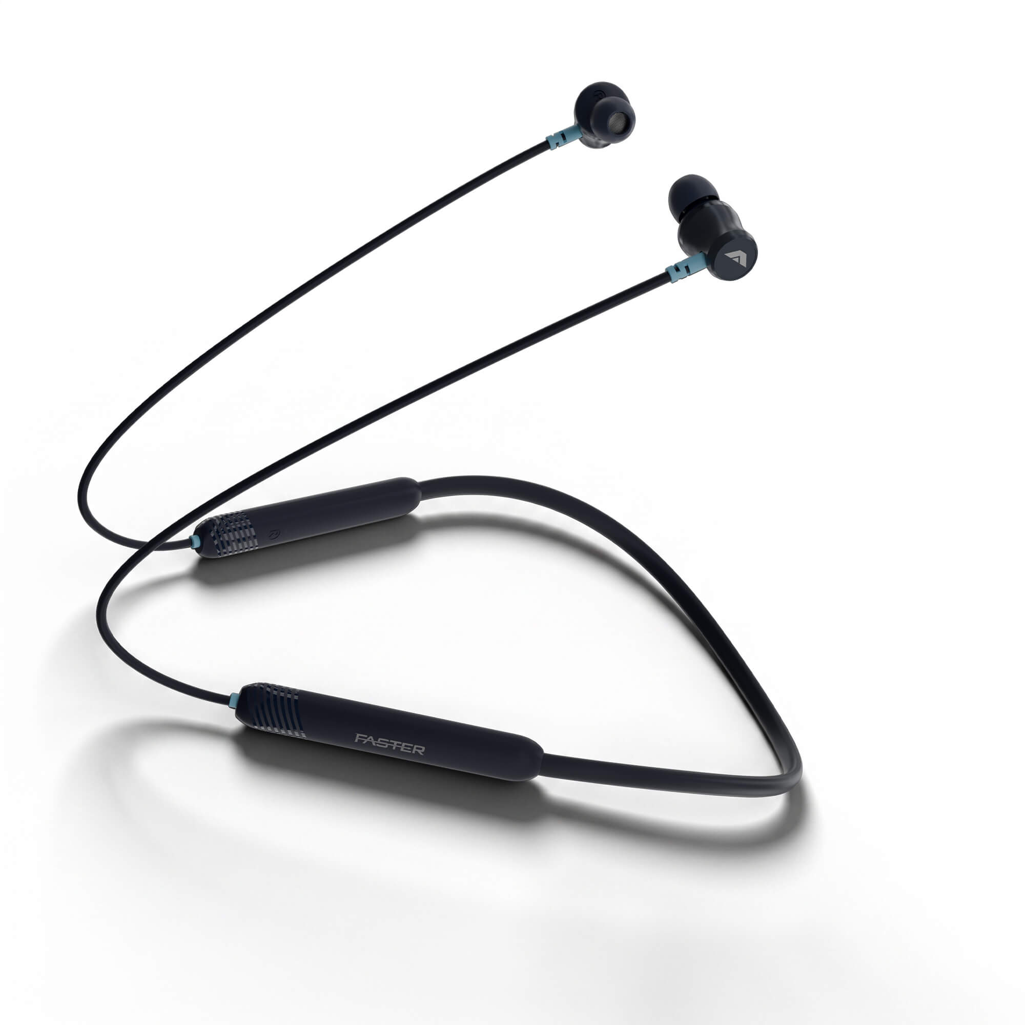 A pair of black wireless neckband earphones with a connecting cable, featuring in-ear tips and inline control modules on a clean white background.