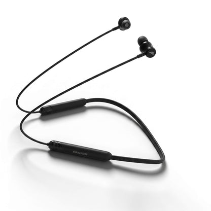 Black wireless neckband earphones with in-ear tips and inline control modules, photographed on a clean white background.