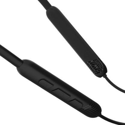 Black wired earbud controller with inline remote and speaker grille on a clean white background.