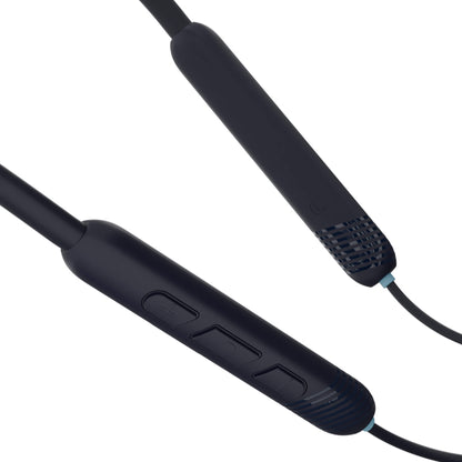 Close-up of a black wired earbud with an inline remote control and cable on a plain white background.
