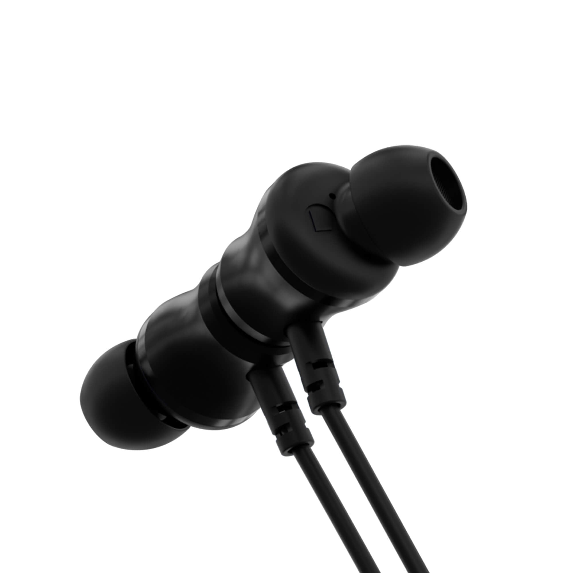 Black in-ear wired headphones shown at an angle on a plain white background.