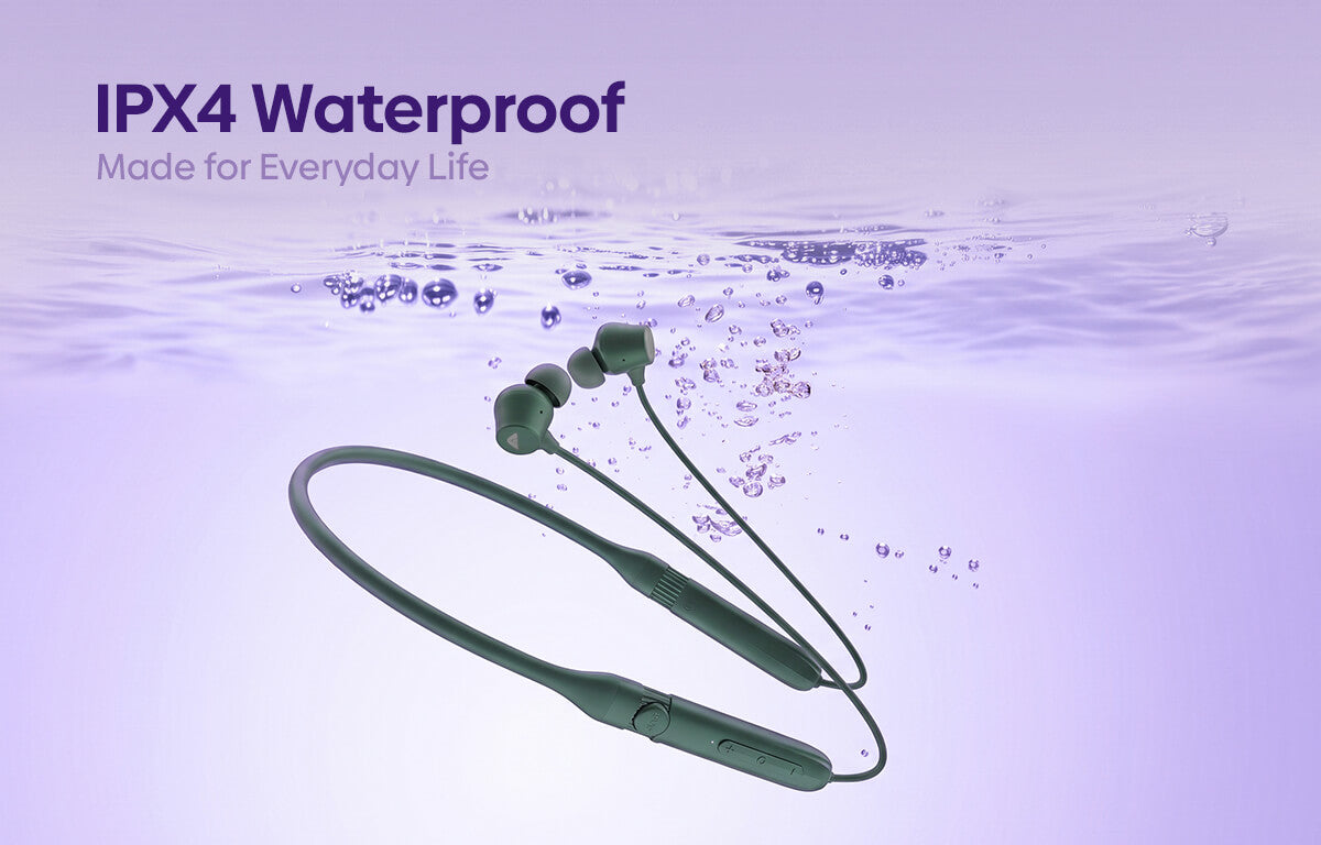 Green wireless earbuds with a neckband-style connector floating underwater, with text reading 'IPX4 Waterproof Made for Everyday Life' on a light purple background.