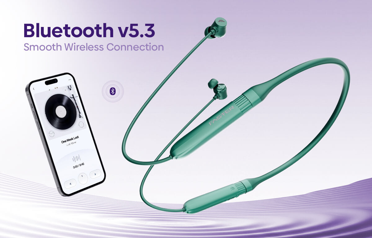 Green wireless neckband earphones with in-ear tips, shown on a light purple background with promotional text reading 'Bluetooth v5.3' and a smartphone displaying a music player app.