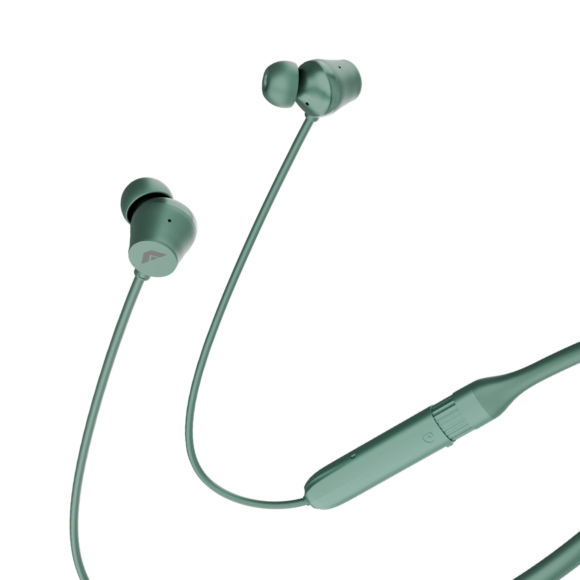 Green wireless in-ear earphones with a matching neckband cable and inline remote, shown on a plain white background.