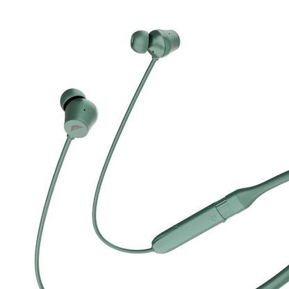 Green wireless in-ear earphones with a matching neckband cable and inline remote, shown on a plain white background.