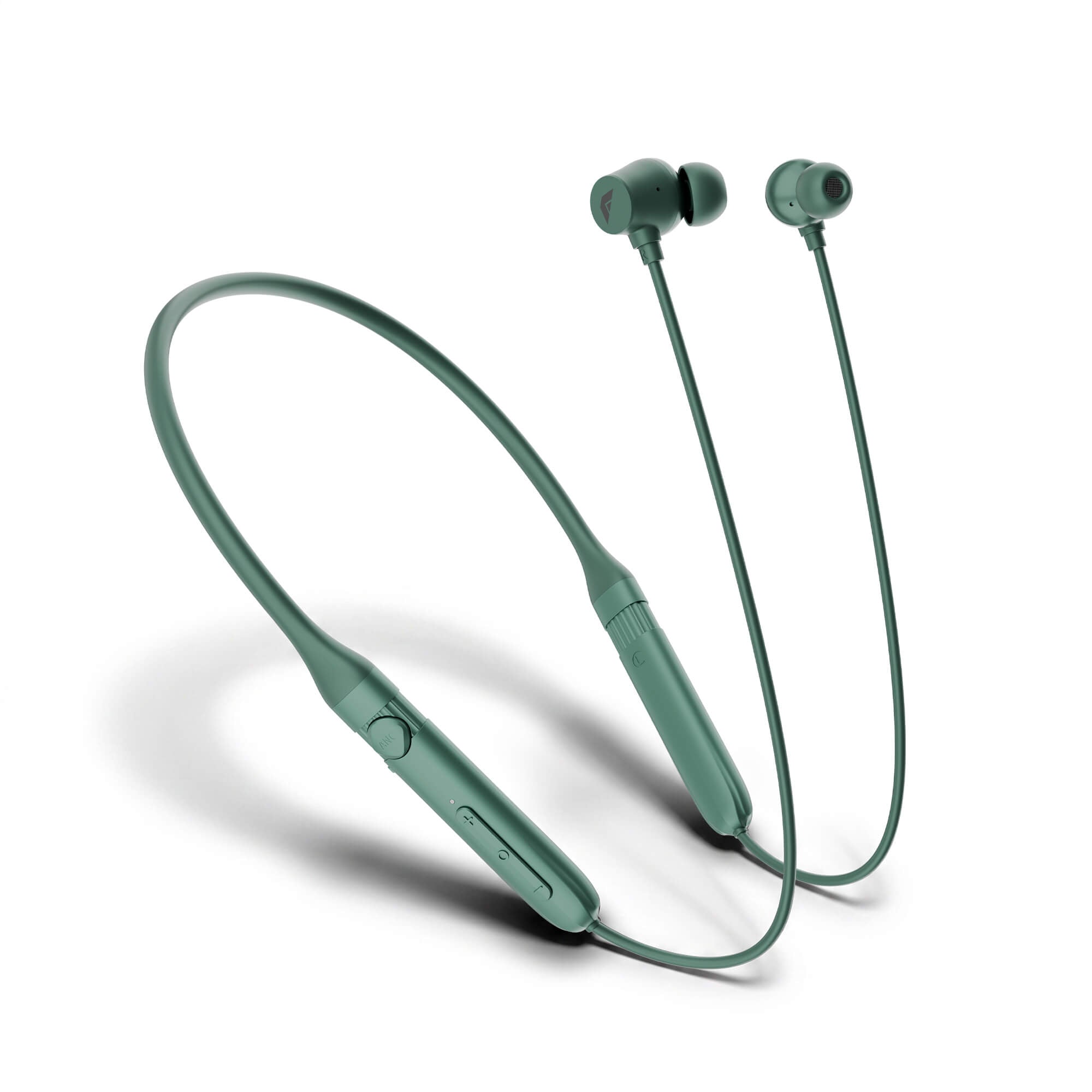 Green wireless neckband earphones with in-ear tips, shown on a clean white background.