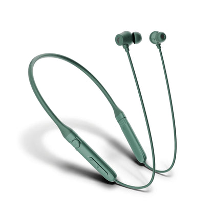 Green wireless neckband earphones with in-ear tips, shown on a clean white background.