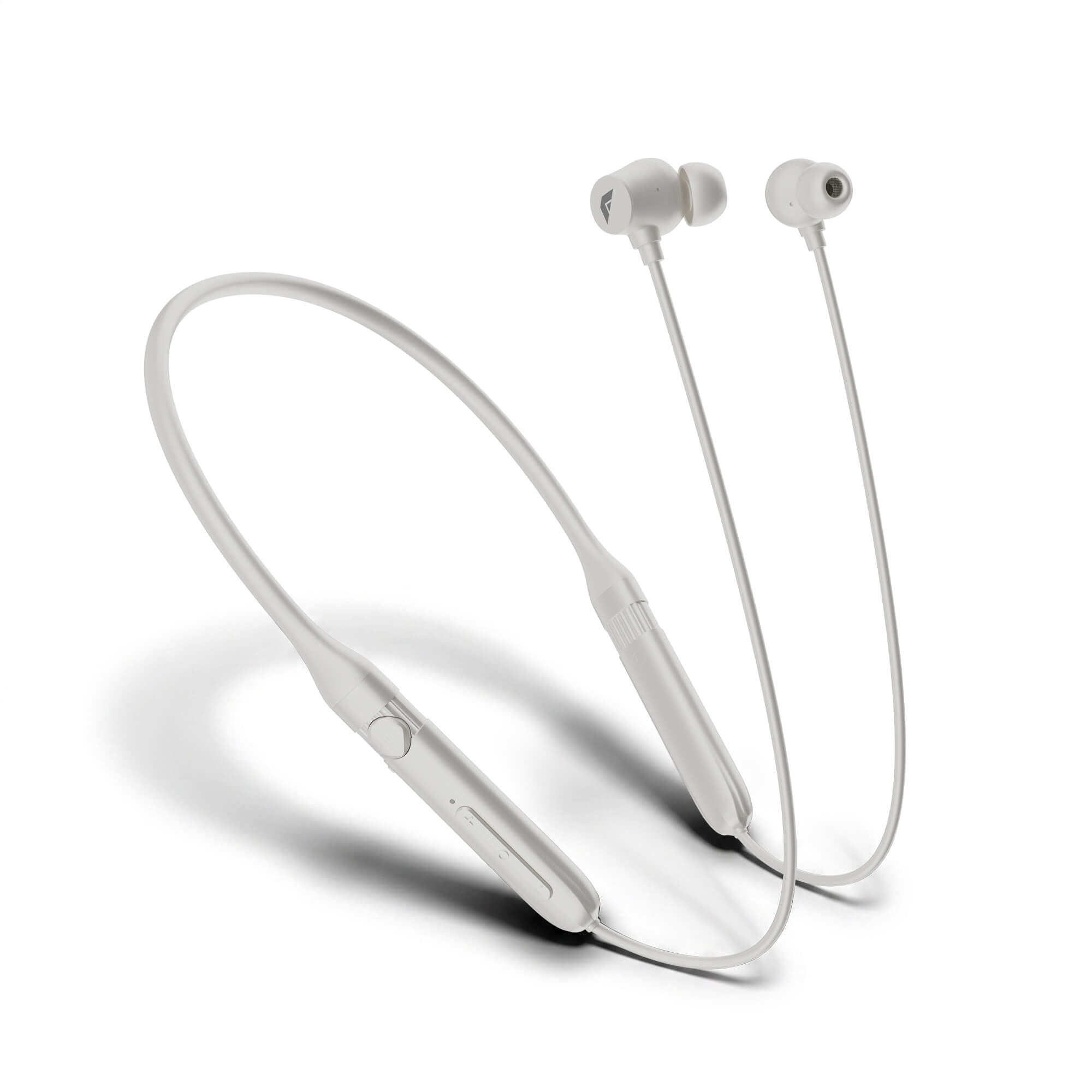 White wireless neckband earphones with in-ear tips, shown on a clean white background with a soft shadow.