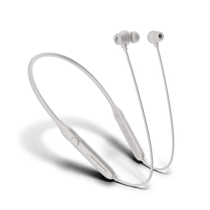 White wireless neckband earphones with in-ear tips, shown on a clean white background with a soft shadow.