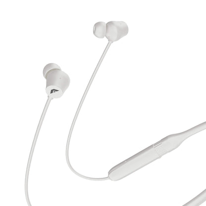 White in-ear wireless headphones with a connecting cable and inline remote control, shown against a solid white background.