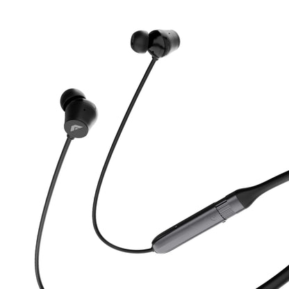 Black wireless in-ear earphones with a connecting cable and inline remote control, shown on a plain white background.