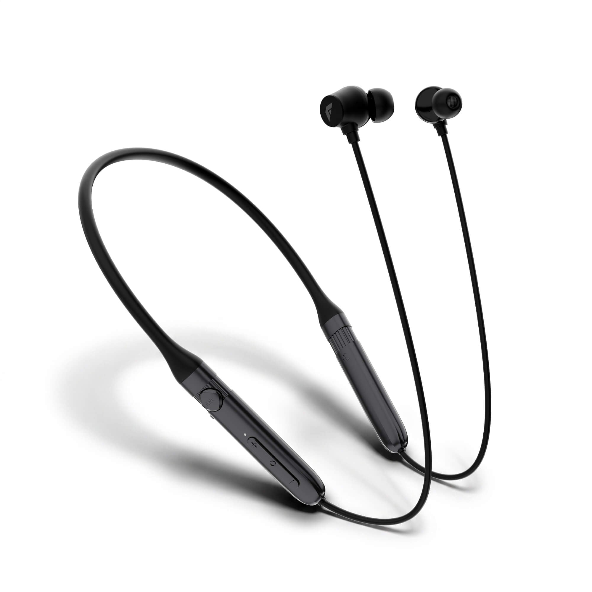 Black wireless neckband earphones with in-ear tips, shown on a clean white background.
