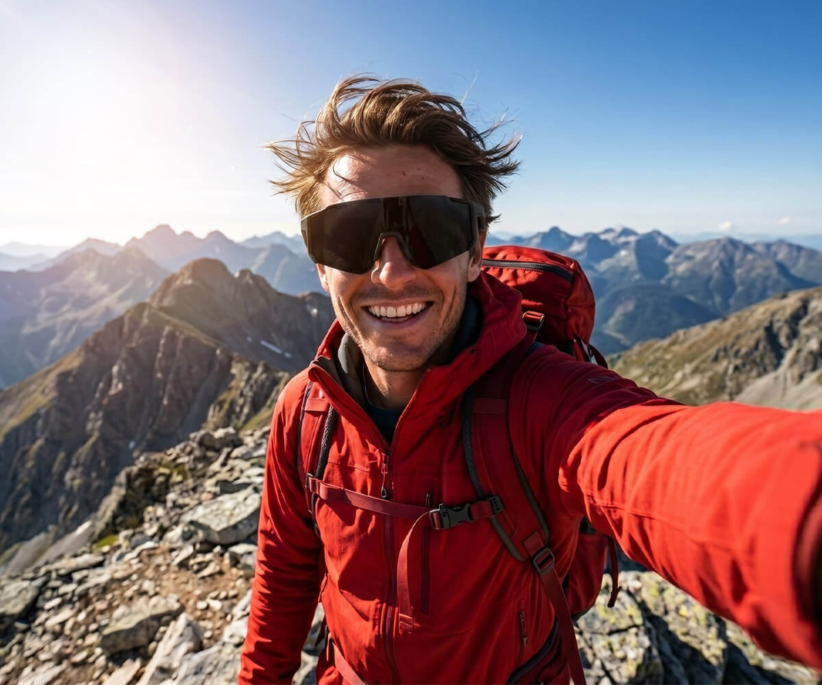 A smiling man wearing a red hiking jacket, black smart glasses, and a red backpack takes a selfie on a mountain peak with rocky terrain and blue sky in the background.