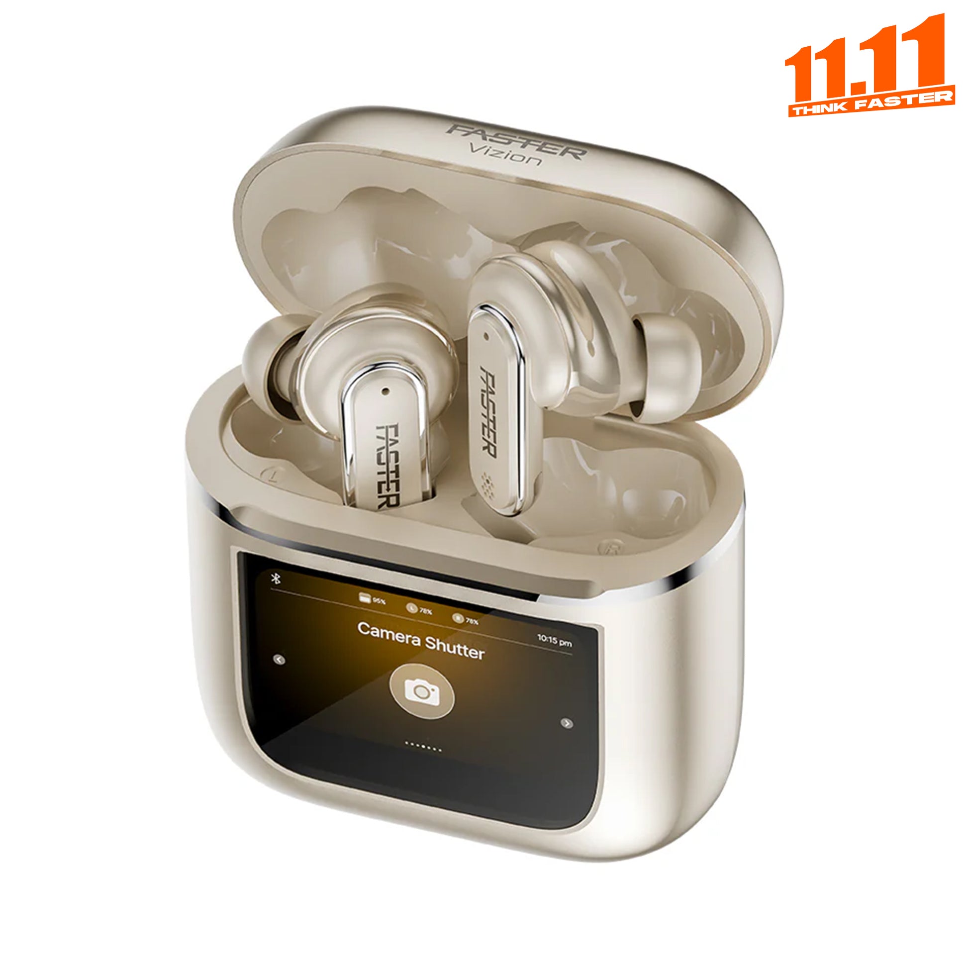 Beige wireless earbuds with charging case on a white background, featuring the brand 'Faster'.