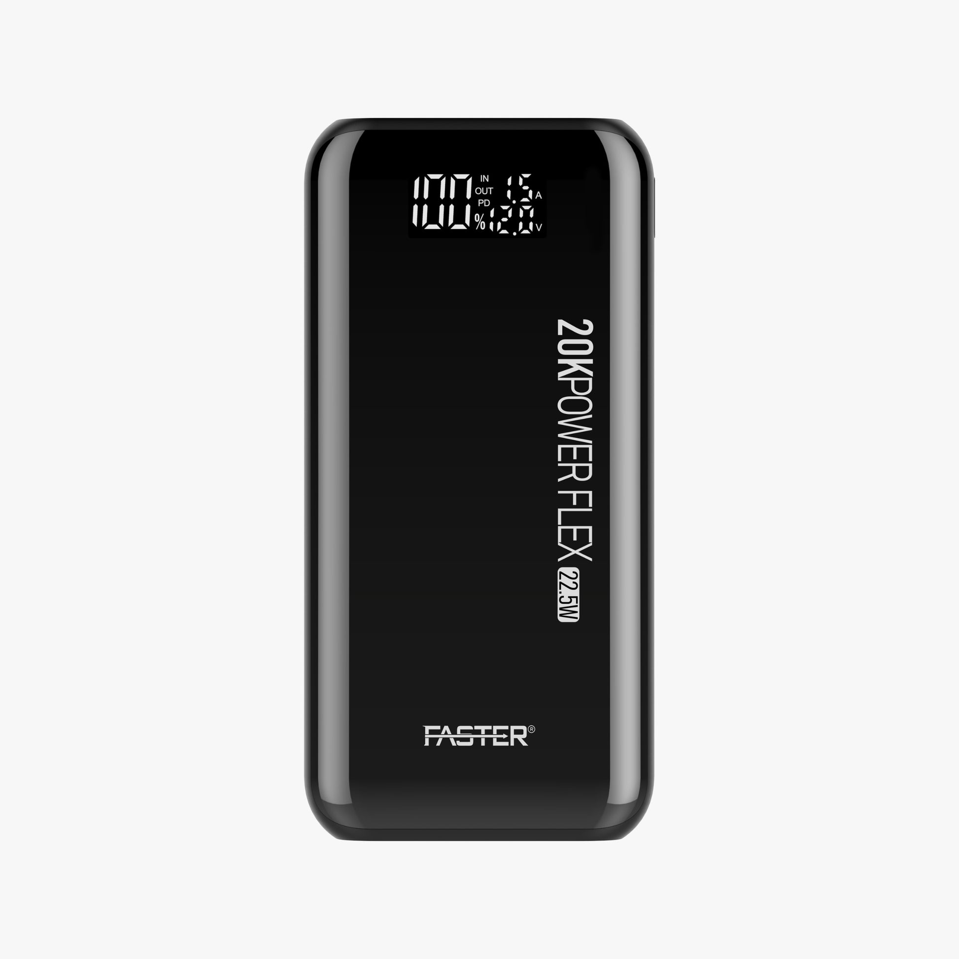 A front side view of Faster Powerbank 20000mAh on white background