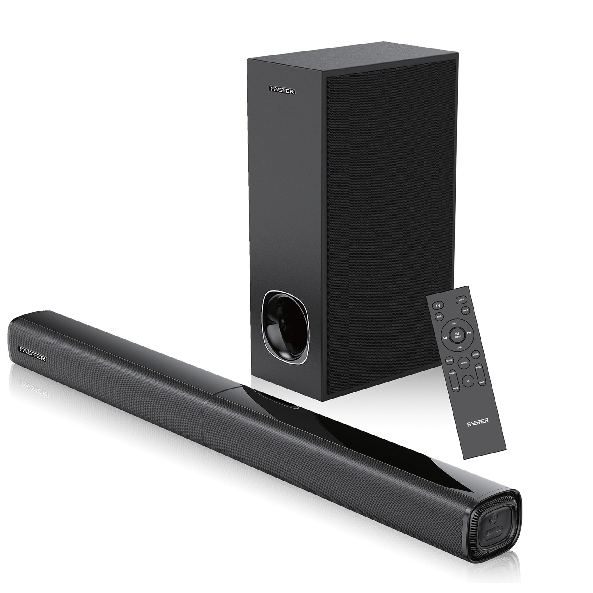A close up side view of Faster XB7000 soundbar, subwoofer with remote control on white background
