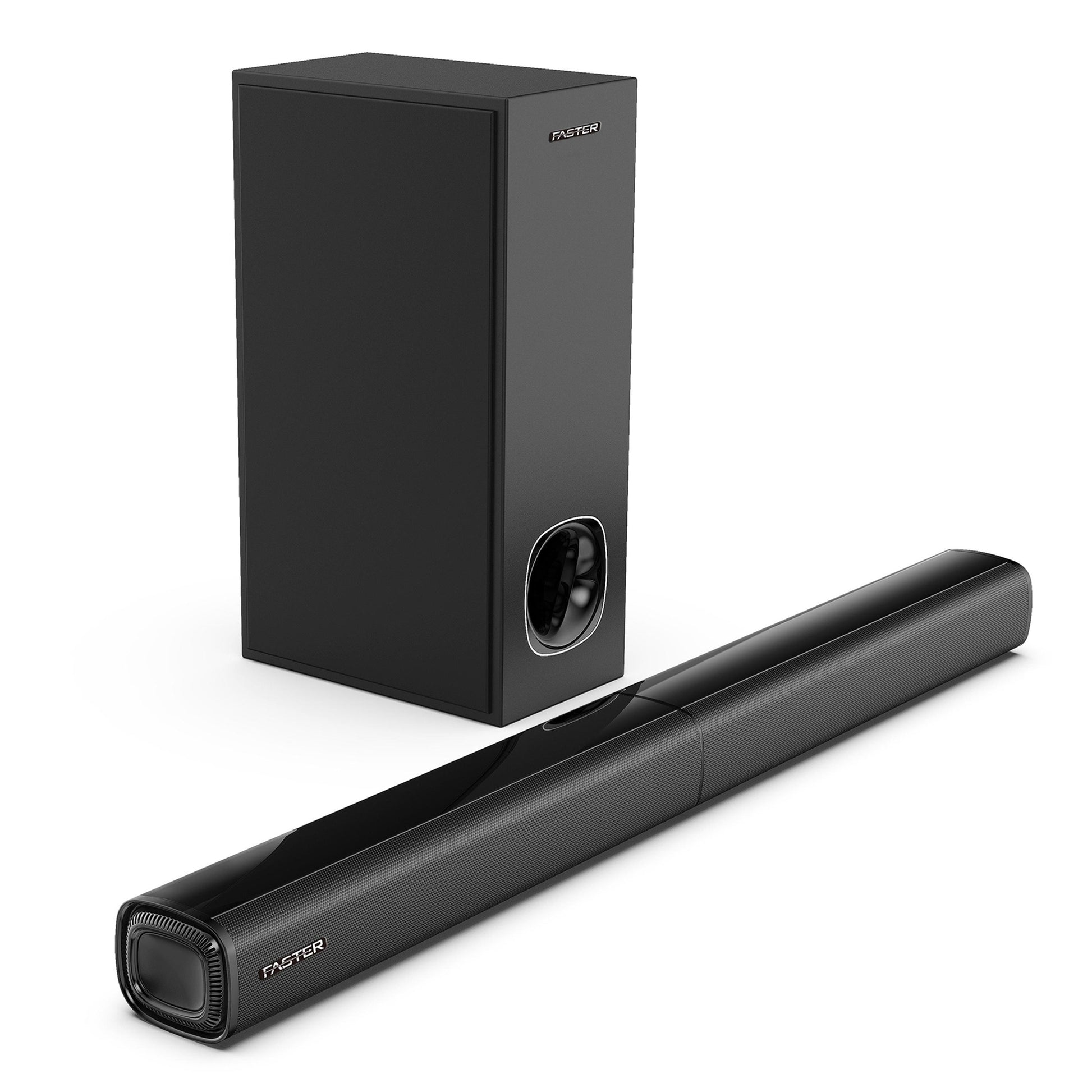 A close up side view of Faster XB7000 soundbar with subwoofer on white background