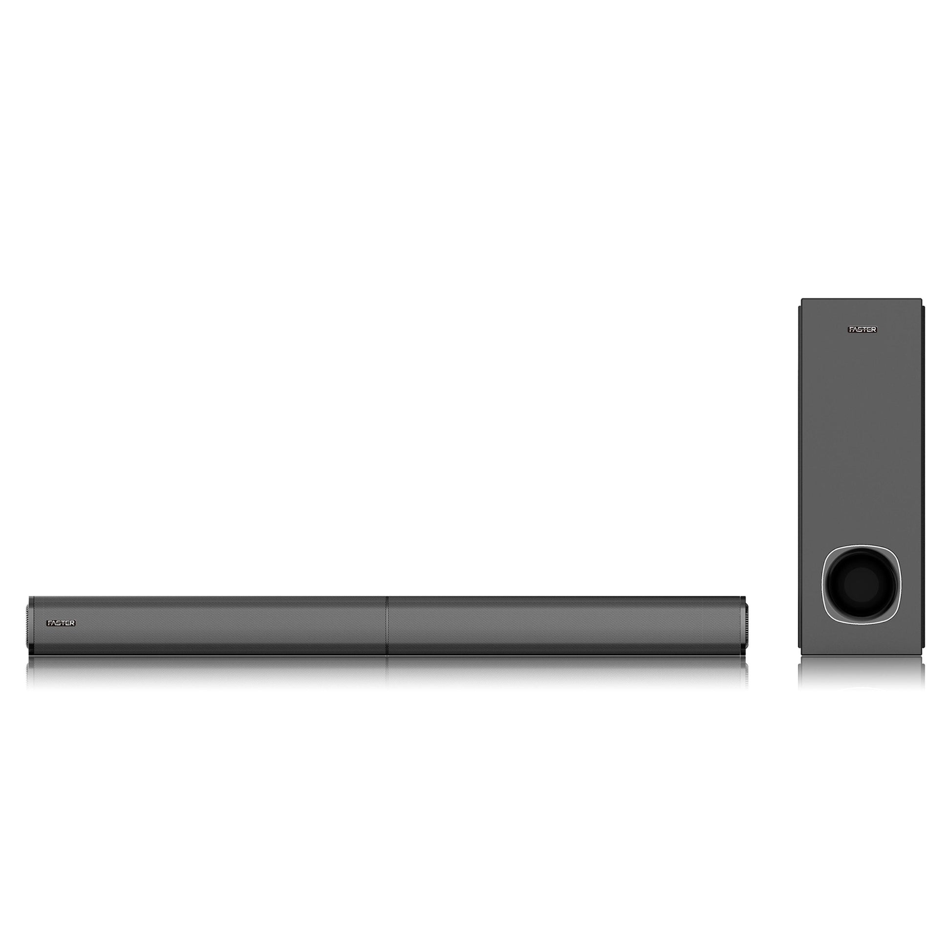A front side view of Faster XB7000 soundbar with subwoofer on white background
