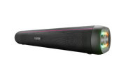 Black soundbar with colorful lights on a white background