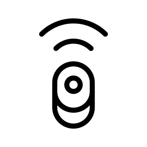 A minimalist black line icon depicting a remote control with wireless signal waves above it, set against a solid white background.
