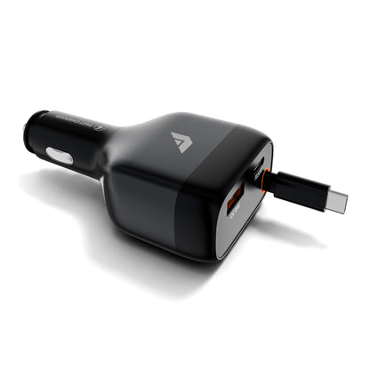 A black car charger with a USB-C connector plugged in, shown on a clean white background.