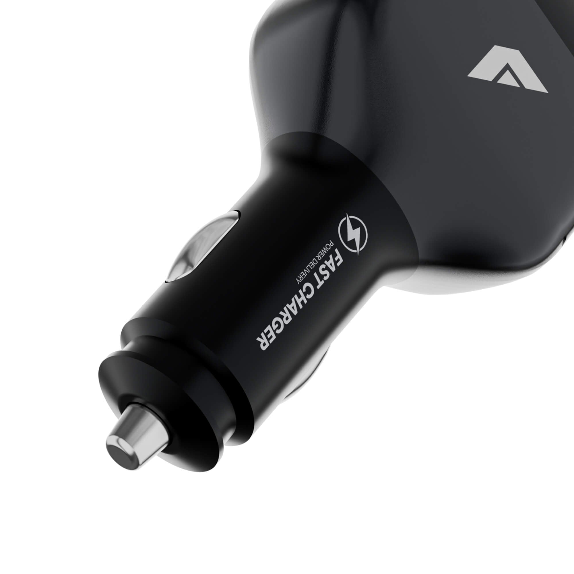 A close-up of a black fast charger plug with white text reading 'FAST CHARGER' and a small mountain-style logo on a white background.