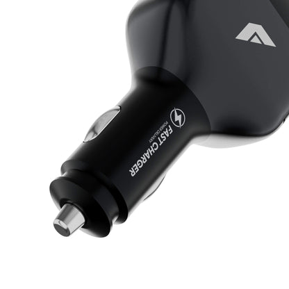A close-up of a black fast charger plug with white text reading 'FAST CHARGER' and a small mountain-style logo on a white background.