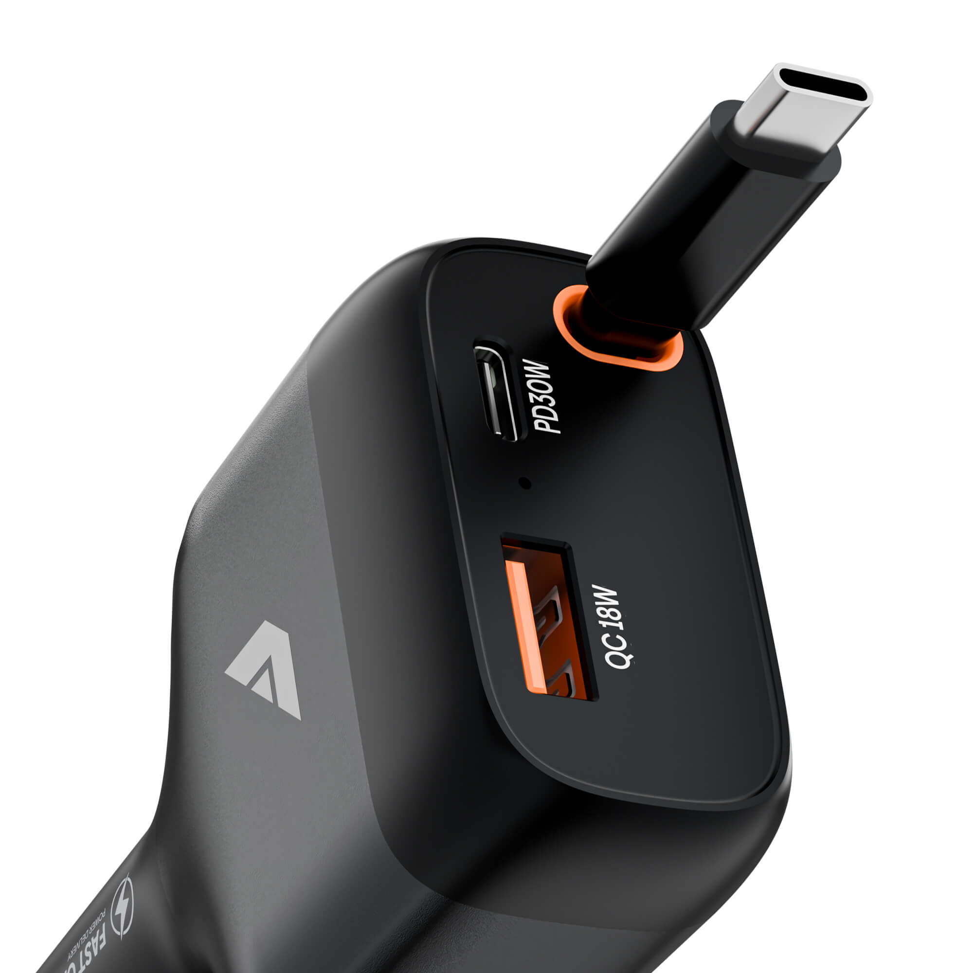 A close-up of a black multi-port car charger with USB-C and USB-A ports, featuring orange accent rings and white text indicating PD3.0W and M8/A 18W, on a white background.