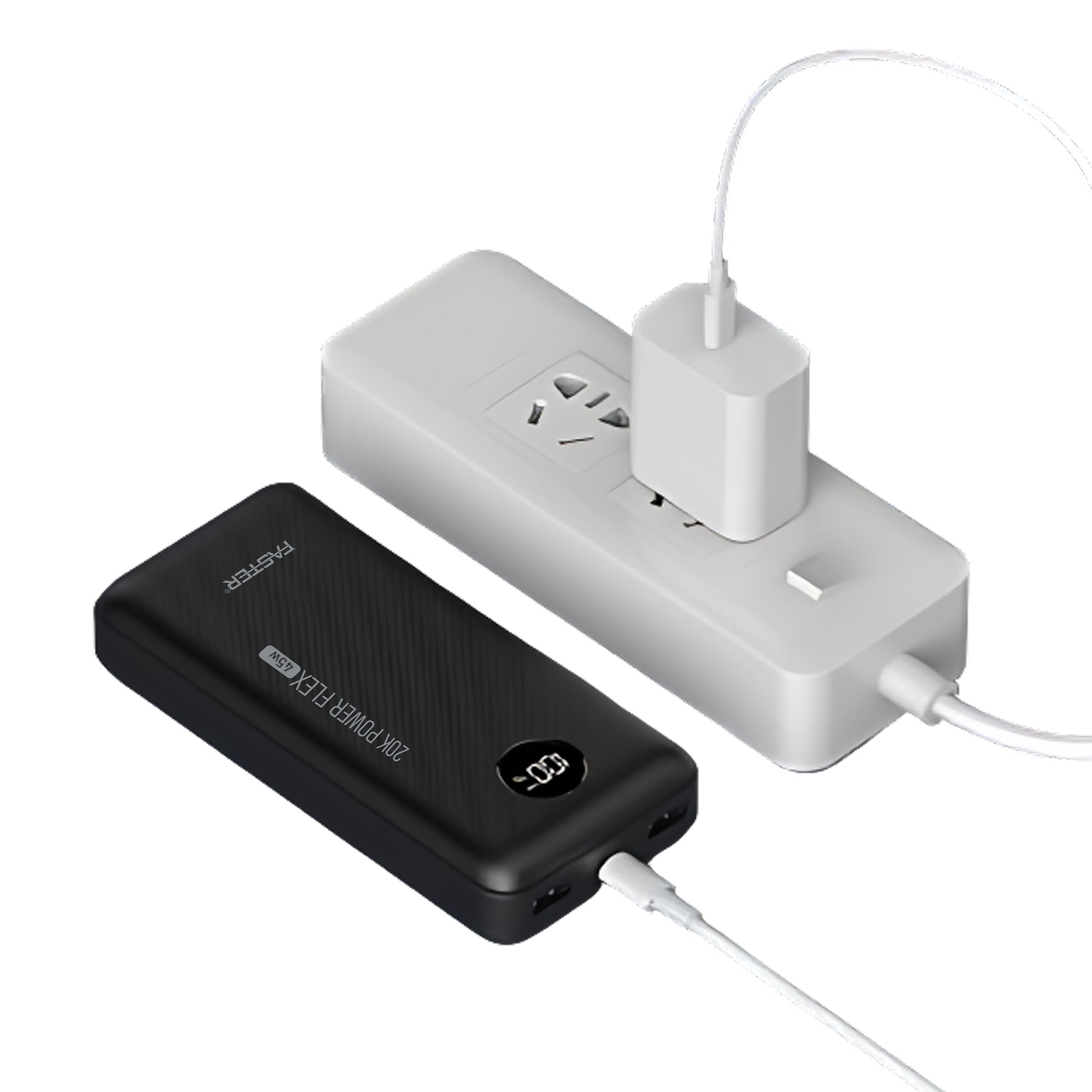 A Faster PD-45W Power Bank connect with charger on white background