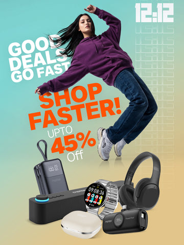 Promotional advertisement with a person jumping, electronic devices, and text about deals and discounts.