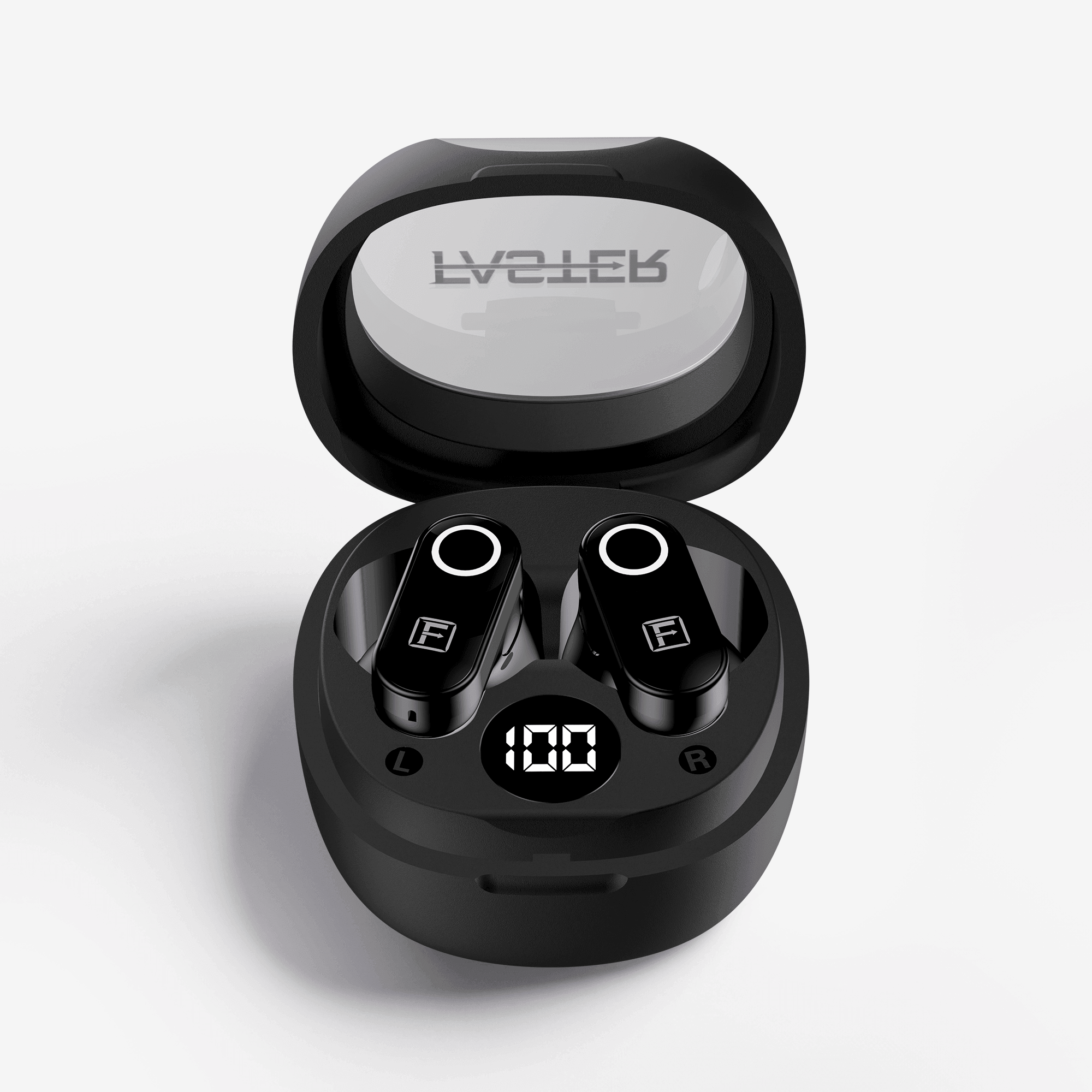 Black wireless earbuds in an open oval charging case with a digital battery display showing 100%, on a light gray background. The brand name 'FASTER' is visible on the inside of the lid.