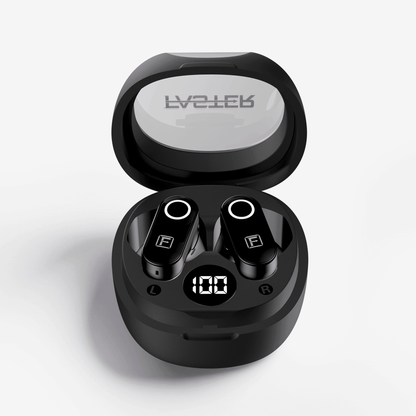 Black wireless earbuds in an open oval charging case with a digital battery display showing 100%, on a light gray background. The brand name 'FASTER' is visible on the inside of the lid.