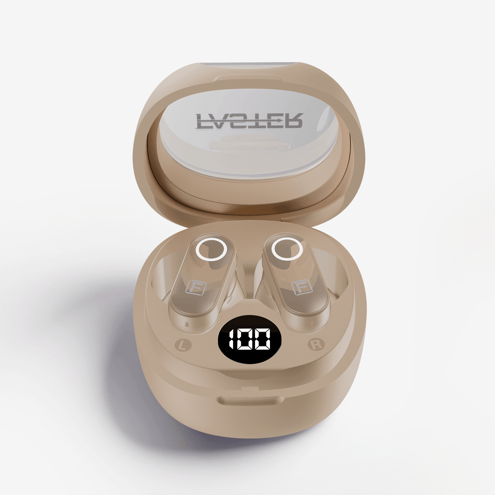 A pair of beige wireless earbuds in an open matching charging case, shown on a clean white background. The case lid has the brand name 'FASTER' printed on it, and the front of the case features a small digital LED display showing '100'.