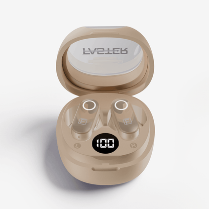 A pair of beige wireless earbuds in an open matching charging case, shown on a clean white background. The case lid has the brand name 'FASTER' printed on it, and the front of the case features a small digital LED display showing '100'.