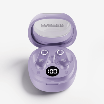 A pair of lavender wireless earbuds in their open charging case, shown on a clean white background. The brand name 'FASTER' is visible on the inside of the lid, and a digital display on the front shows '100'.