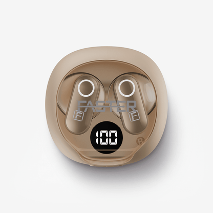 A pair of wireless earbuds in a matching metallic beige colored charging case, shown from a top-down view on a light gray background. The case features a digital display showing '100' and a translucent 'FASTER' brand logo overlay.