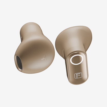 Two Focal wireless in-ear earbuds in a beige finish, shown from the front and side against a light gray background.