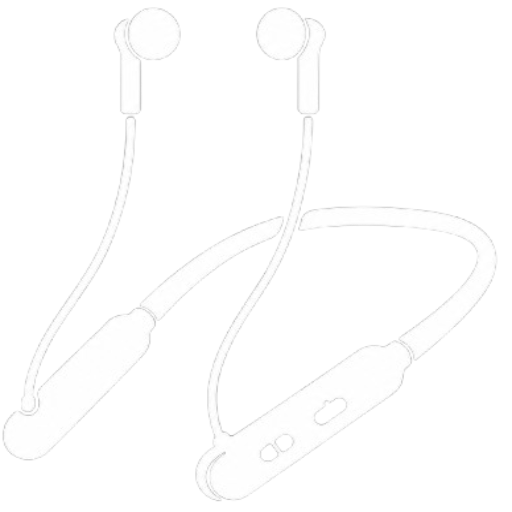 White outline drawing of a pair of wireless in-ear earbuds connected by a neckband, shown on a plain white background.